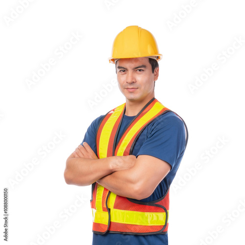 Portrait young architect man engineering wearing yellow helmet , He standing arms crossed isolated on a transparent png background