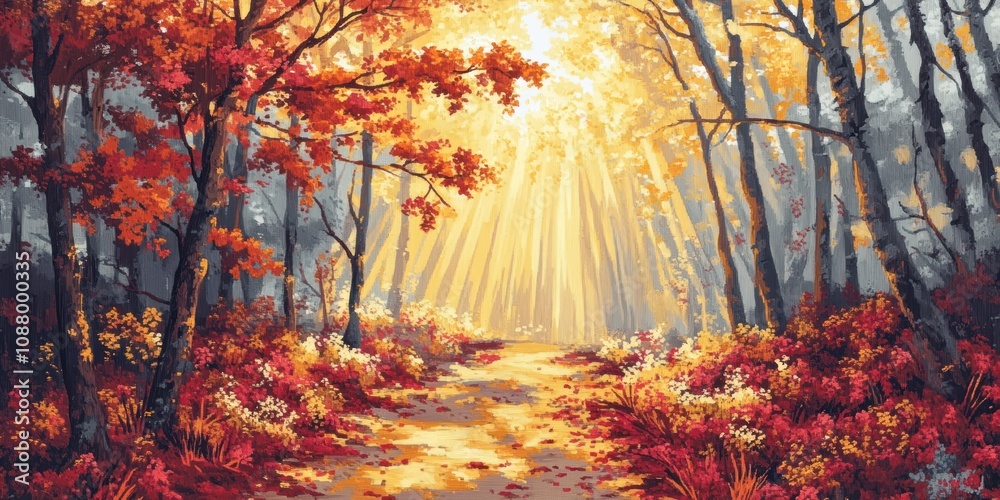 Obraz premium A sunlit path through an autumn forest with golden leaves.