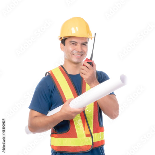 Portrait young architect man engineering with yellow helmet holding megaphone and tablet computer in hand , He standing arms crossed isolated on a transparent png background