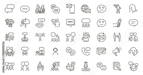Communication, speaking and talking vector editable thin line icon set. People interacting, speech bubbles, social interactions, collaboration and multiple communicating methods