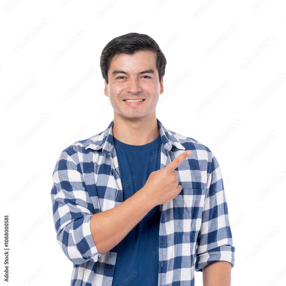 Portrait Asian man ware blue shirt with happiness pointing finger to empty copy space , blank space for advertising or product isolated on a transparent png background - business concept