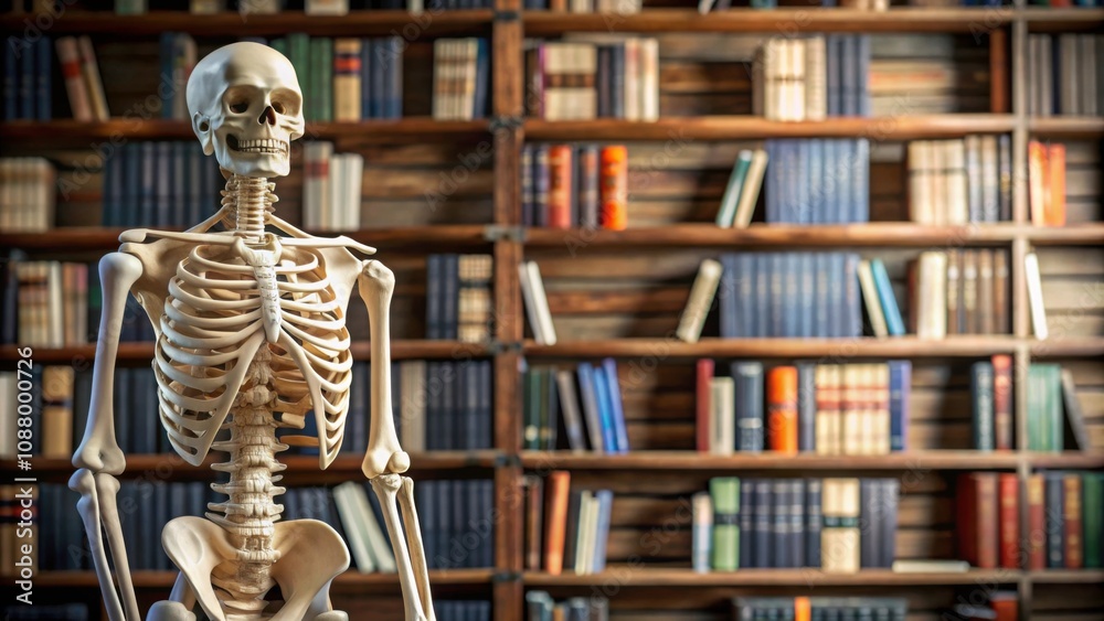 An anatomical skeleton posing with books in the background, anatomy, skeleton, education, medical, study, learning An anatomical skeleton posing with books in the background, anatomy, skeleton, education, medical, study, learning