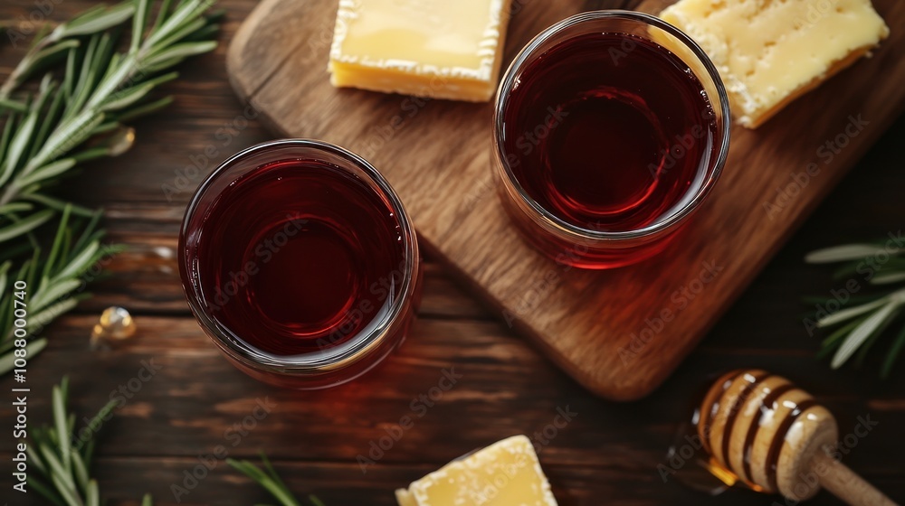 Two glasses of red wine with cheese and honey on wooden table.