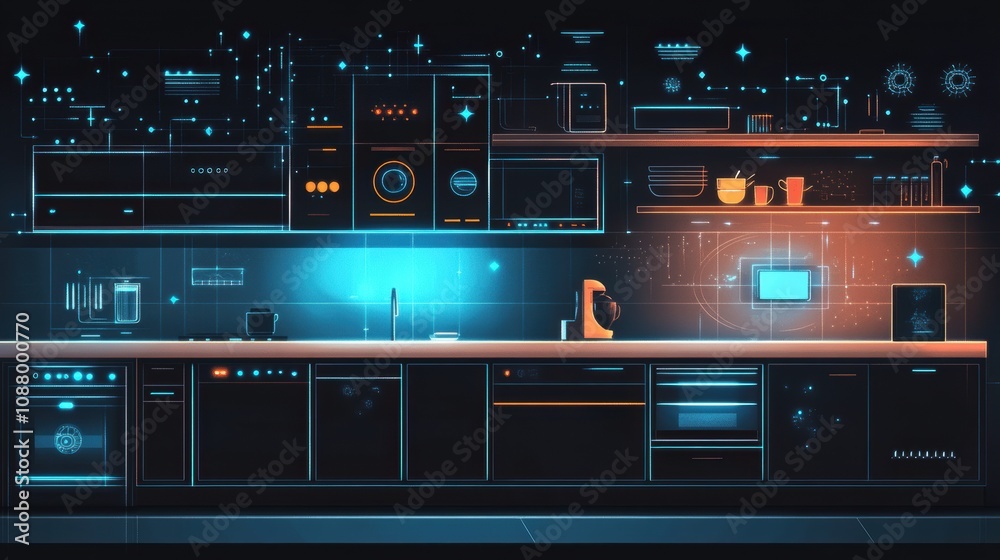 Fototapeta premium This stylish kitchen features advanced smart appliances and an intelligent layout, emphasizing modern technology and functionality. Generative AI