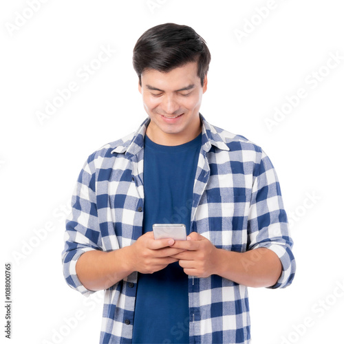 lifestyle Asian man feel happy using smartphone shopping online and online banking isolated on a transparent png background , business concept