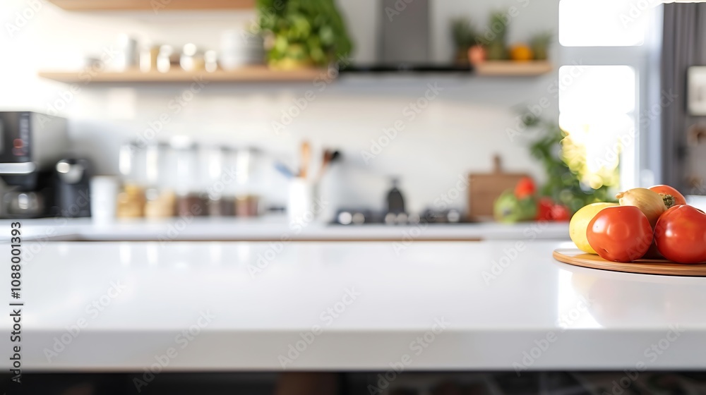 A bright kitchen scene featuring a countertop with fresh vegetables and a blurred background of kitchen items. A bright kitchen scene featuring a countertop with fresh vegetables and a blurred background of kitchen items.
