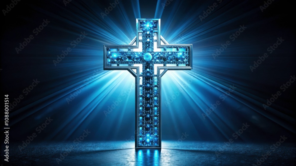 Naklejka premium Intricately detailed blue crystal cross illuminated in a grand, darkened setting, crystal, cross, intricate, blue