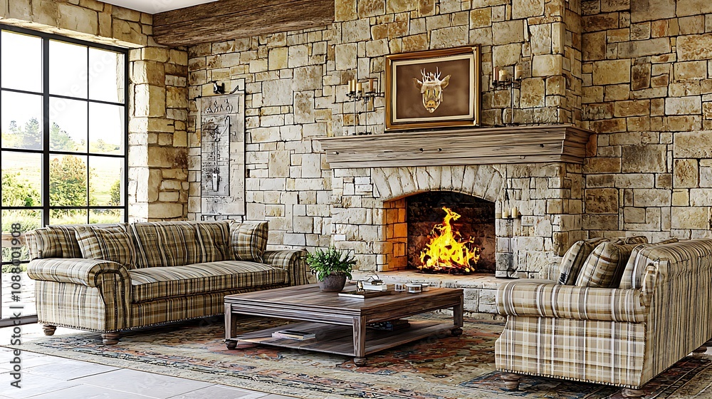 Cozy living room with stone walls, a fireplace, and plaid sofas for relaxation. Cozy living room with stone walls, a fireplace, and plaid sofas for relaxation.
