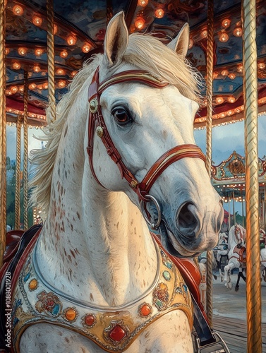 Close-up of a white carousel horse with a red and gold bridle and ornate saddle. photo