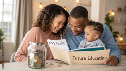 New Parent Parents holding a baby while reading a book about 529 plans with a savings jar labeled Future Education on a table. photo