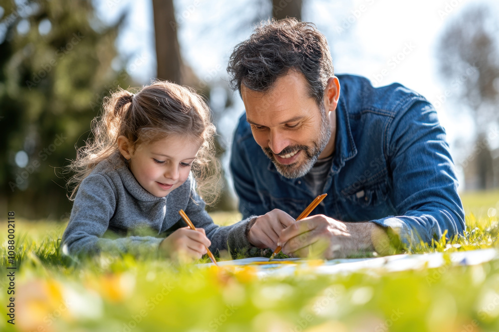 Family Happiness Tips. A father and daughter enjoy a sunny day outdoors, drawing on paper while lying on the grass, sharing a moment of creativity and joy. Family Happiness Tips. A father and daughter enjoy a sunny day outdoors, drawing on paper while lying on the grass, sharing a moment of creativity and joy.