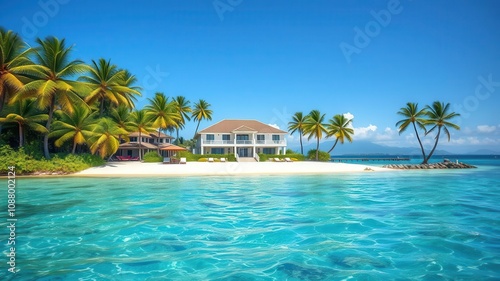 A beautiful beachfront property on a tropical island surrounded by crystal clear waters and palm trees, island, seaside