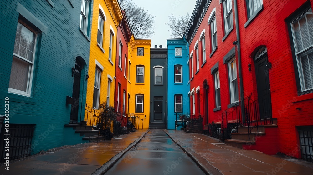 Fototapeta premium A street of monochrome buildings with one brilliantly painted house standing out, symbolizing artistic expression and individuality. urban landscape, vibrant house, creative contrast