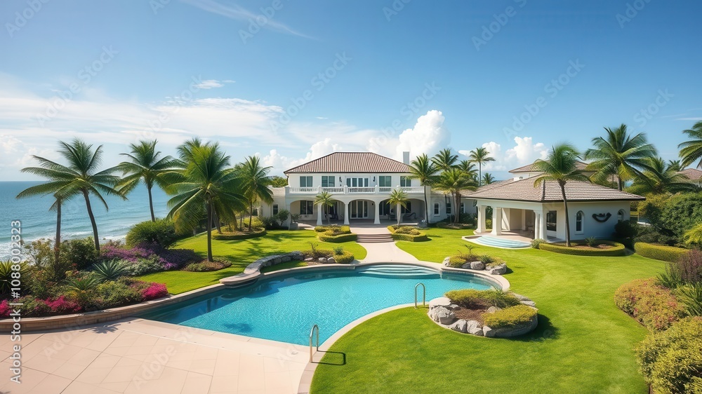 A beautiful ocean front property with stunning landscaping, perfect for real estate investment, prime location, exterior A beautiful ocean front property with stunning landscaping, perfect for real estate investment, prime location, exterior