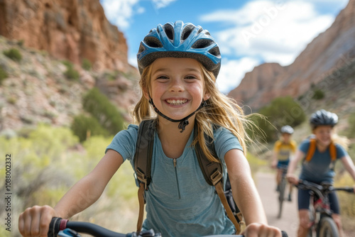 Family Happiness Tips. A smiling girl in a blue helmet rides her bike on a scenic trail, enjoying a sunny day with friends in a beautiful landscape.