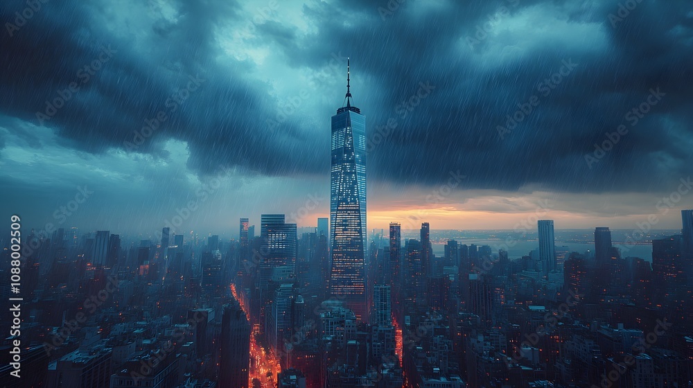 Obraz premium A striking skyscraper with intricate patterns and sharp angles, dominating a skyline filled with plain, rectangular buildings under a stormy sky