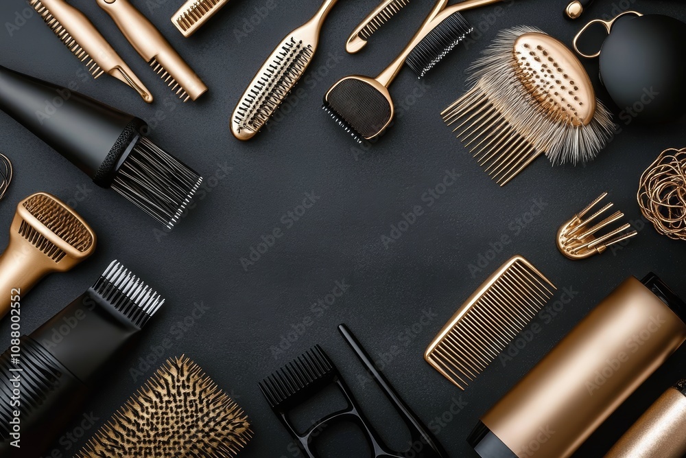 Hairdressing Tools Arrangement on Black Surface with Gold Accents and Copy Space Hairdressing Tools Arrangement on Black Surface with Gold Accents and Copy Space
