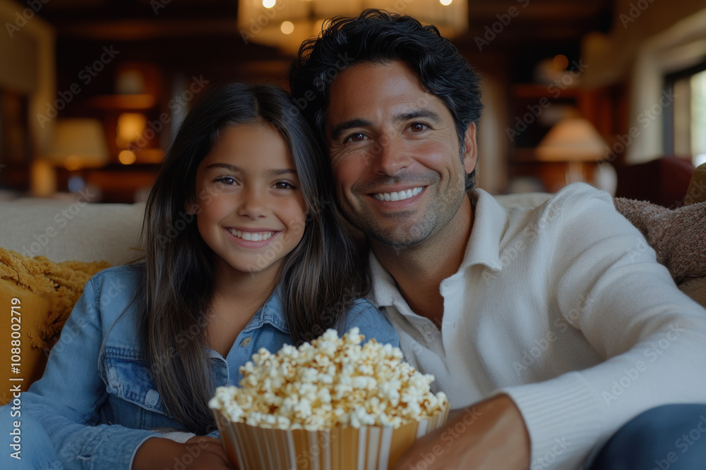 Family Happiness Tips. A smiling father and daughter enjoy popcorn together, creating a cozy family movie night atmosphere in a warm, inviting living space. Family Happiness Tips. A smiling father and daughter enjoy popcorn together, creating a cozy family movie night atmosphere in a warm, inviting living space.