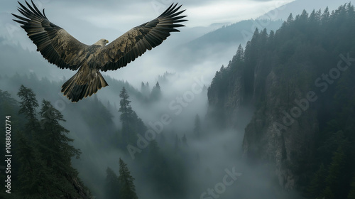 Eagle Soaring Over Misty Forest Valley with Canyon Below photo