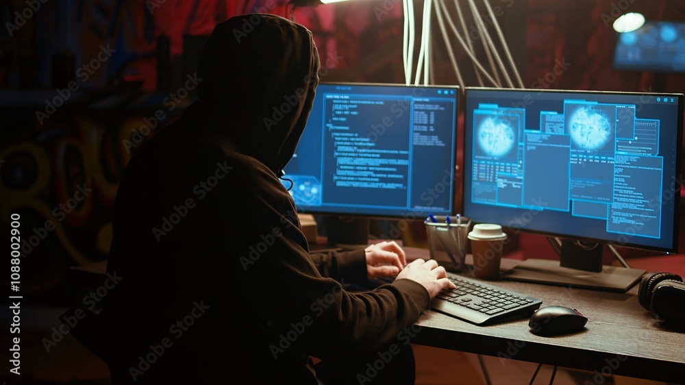 custom made wallpaper toronto digitalHacker in underground bunker takes advantage of security breach after gaining unauthorized access to system. Rogue programmer hacking network to steal government data, zoom in close up shot