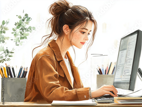 Une femme de type working girl travaillant sur un ordinateur portable sur son bureau : image des métiers créatifs de type illustratrice, designer, graphiste, etc. photo