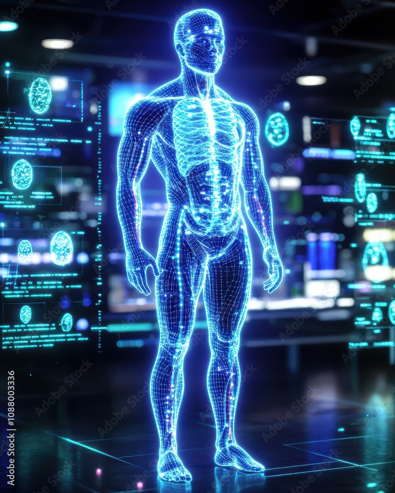 Futuristic Digital Human Anatomy Model with Interactive Interface Displaying Body Systems and Health Data in a Technology-Driven Medical Environment Futuristic Digital Human Anatomy Model with Interactive Interface Displaying Body Systems and Health Data in a Technology-Driven Medical Environment