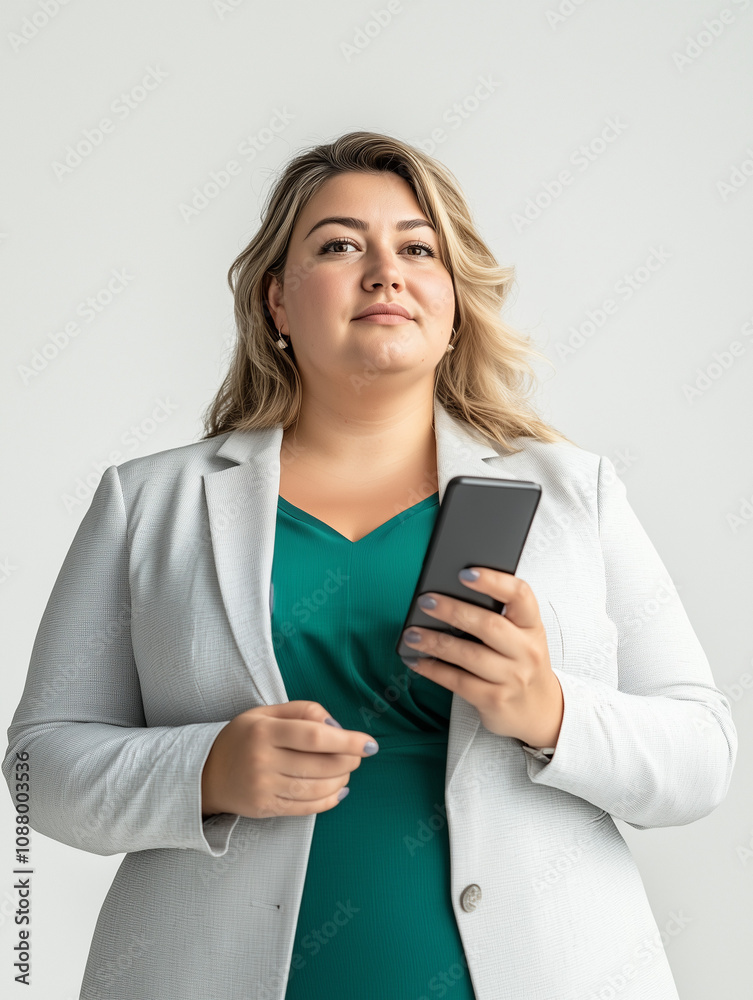 Femme ronde élégante de 40 ans, en costume blanc, tenant un smartphone sur fond blanc, personnage pour publicité, site web, démo d'application ou de logiciel, tech et IT B2B Femme ronde élégante de 40 ans, en costume blanc, tenant un smartphone sur fond blanc, personnage pour publicité, site web, démo d'application ou de logiciel, tech et IT B2B
