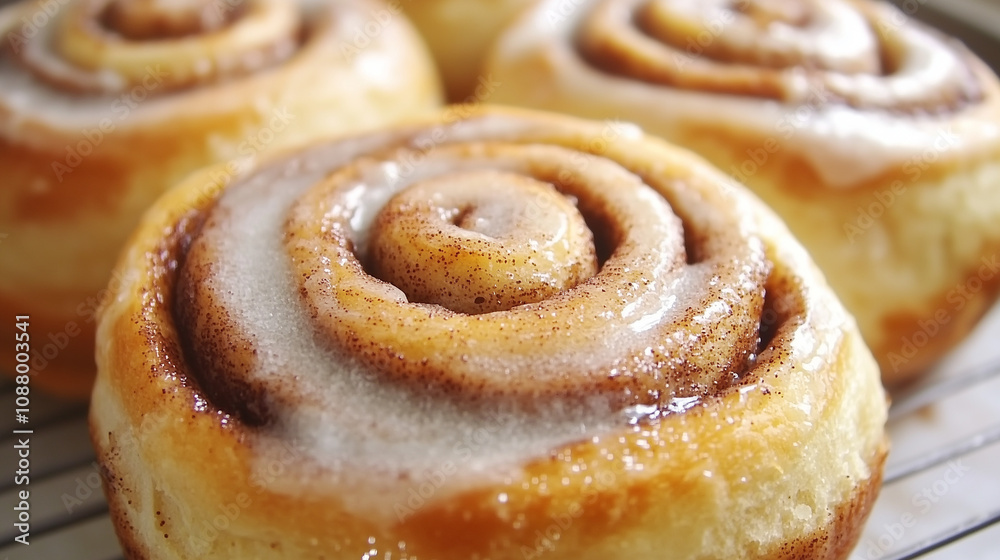 Gros plan d'un rouleau à la cannelle, pâtisserie gourmande traditionnelle au glaçage au sucre, délice de boulangerie sur fond blanc