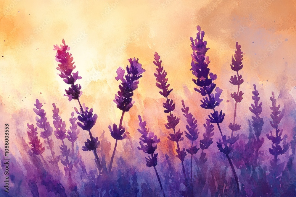 Watercolor painting of lavender flowers in a field at sunset.