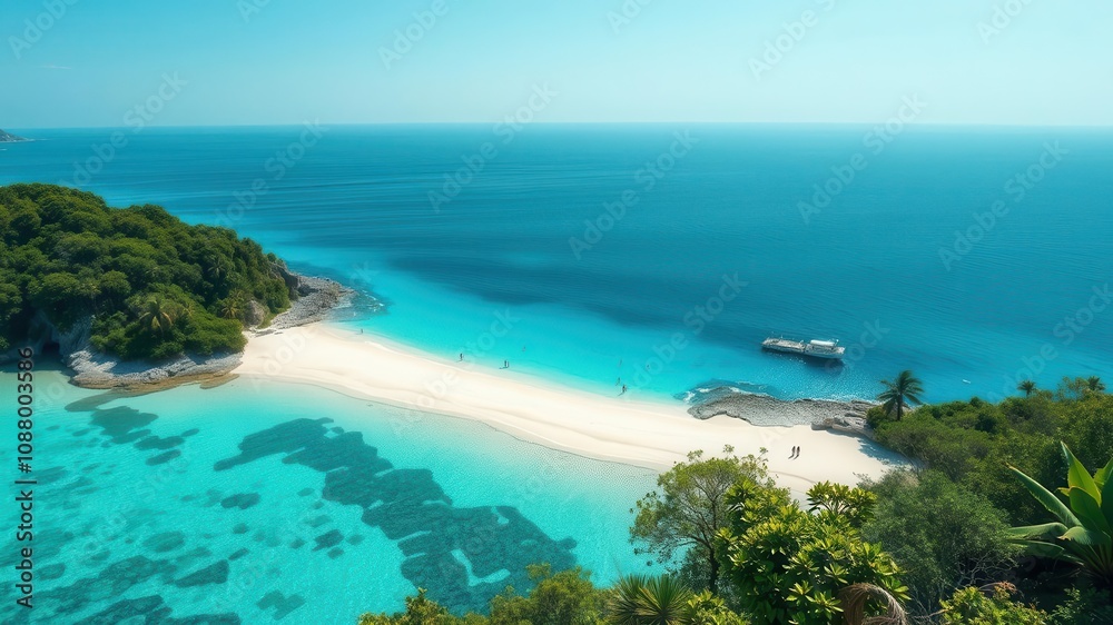 A breathtaking view of a pristine beach with crystal clear water and lush greenery, destination, panoramic A breathtaking view of a pristine beach with crystal clear water and lush greenery, destination, panoramic
