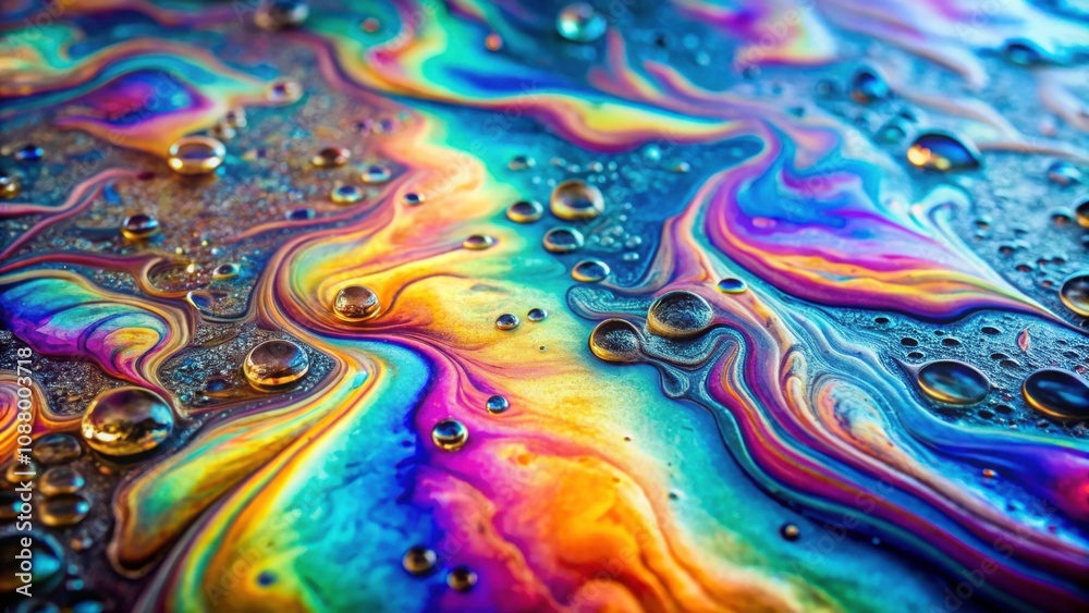 Naklejka premium Close-up of holographic gasoline stains reflecting toxic chemicals , holographic, gasoline, stains, toxic