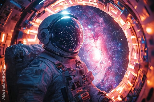The silhouette of an astronaut in a space suit, captivated by the immense glow of a distant illuminator in outer space