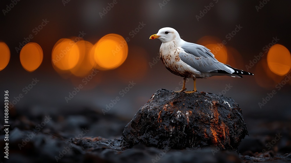 A solitary seagull perched on a rock amidst a blurred warm bokeh background, capturing a serene coastal moment. A solitary seagull perched on a rock amidst a blurred warm bokeh background, capturing a serene coastal moment.