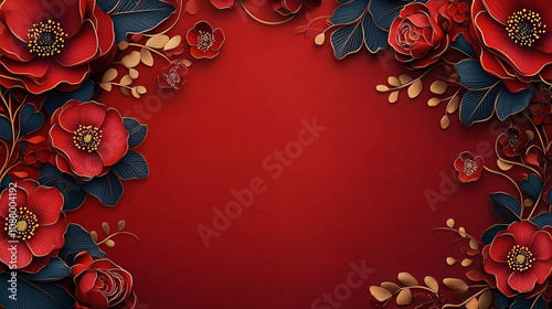 A luxurious red floral pattern background featuring vibrant flowers and leaves, perfect for Chinese New Year designs, wedding invitations, or festive celebrations.
