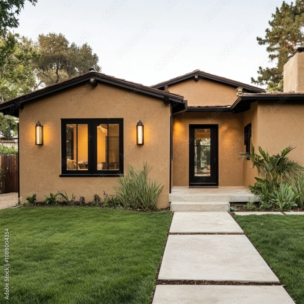 stucco brown house with black trim, side entrance main door,cement ...