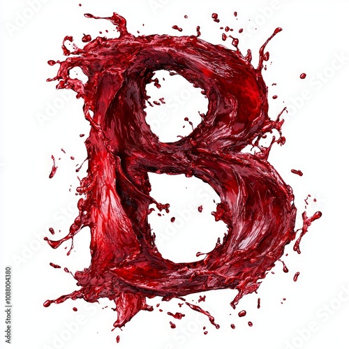 bold letter B creatively formed thick red brown blood splash clean white backdrop showcasing dynamic and artistic interpretation character. photo