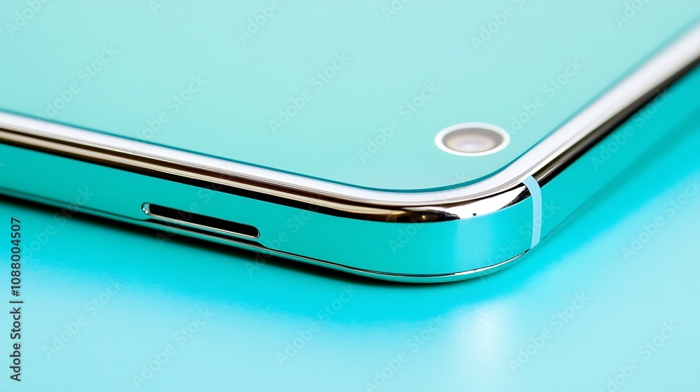 Close-up of a sleek device edge with a shiny metallic finish on a vibrant background. Close-up of a sleek device edge with a shiny metallic finish on a vibrant background.