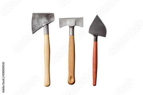 Three distinct hand tools with wooden handles: a hatchet, a cleaver, and a small hoe, each showcasing unique shapes and metal finishes. photo