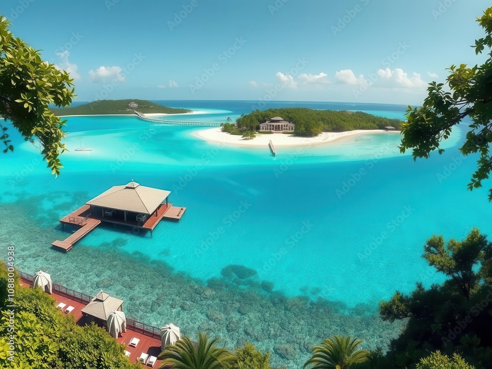 Fototapeta premium A panoramic view of a luxury oceanfront property on a private island, surrounded by crystal clear turquoise waters and lush greenery, paradise, oceanfront