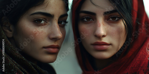 Intriguing Gaze: Two women with dark hair and intense eyes stare directly at the viewer, creating a captivating and mysterious portrait. Their faces are close together.