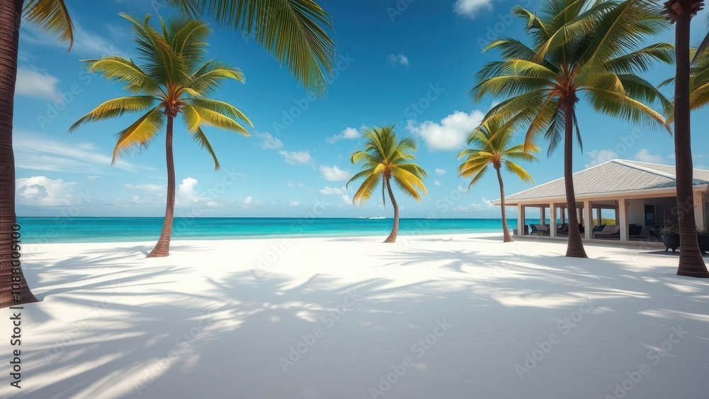 A serene beachfront property with white sand, turquoise water, and palm trees, the perfect vacation dream, serene, waterfront A serene beachfront property with white sand, turquoise water, and palm trees, the perfect vacation dream, serene, waterfront