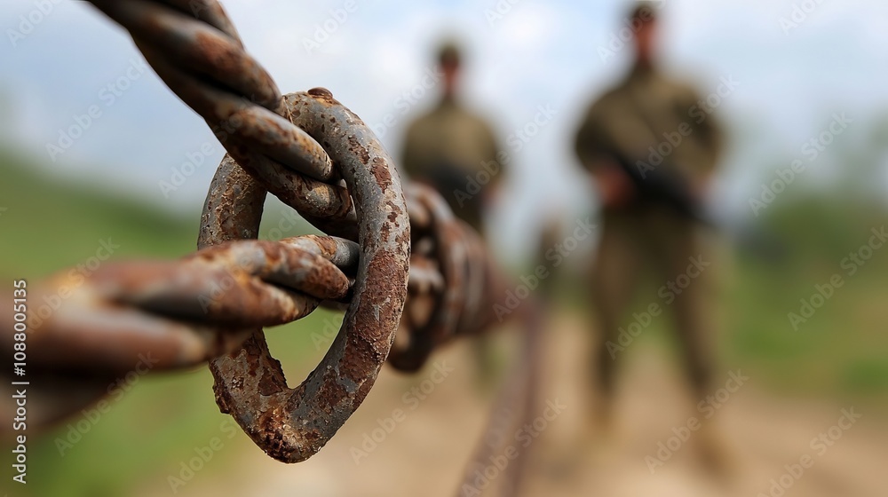 Naklejka premium Two soldiers in the background observing a rusty chain link in focus.