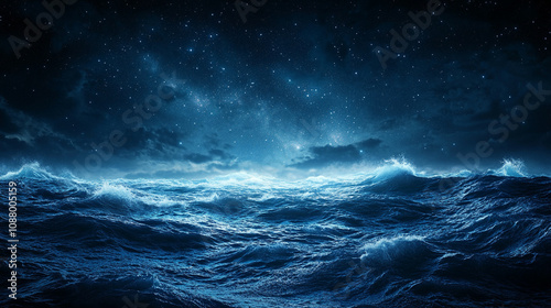 mesmerizing view of ocean waves gently rolling under a starry night sky, with a dreamy blurred background that evokes tranquility, wonder, and the infinite beauty of nature