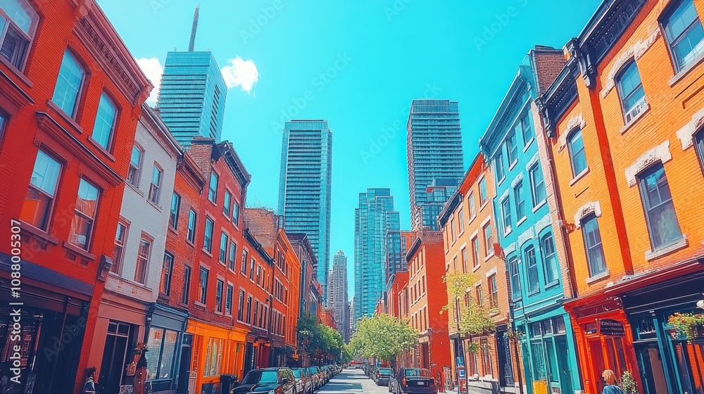 Obraz premium Vibrant city street with colorful buildings and skyscrapers.