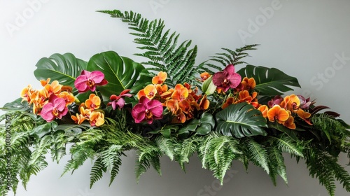 A lush tropical arrangement of orchids and ferns with pink, orange, and yellow blossoms against a white background.
