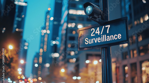 Security camera with 24/7 surveillance sign in urban setting, showcasing modern technology and safety measures in bustling city environment photo