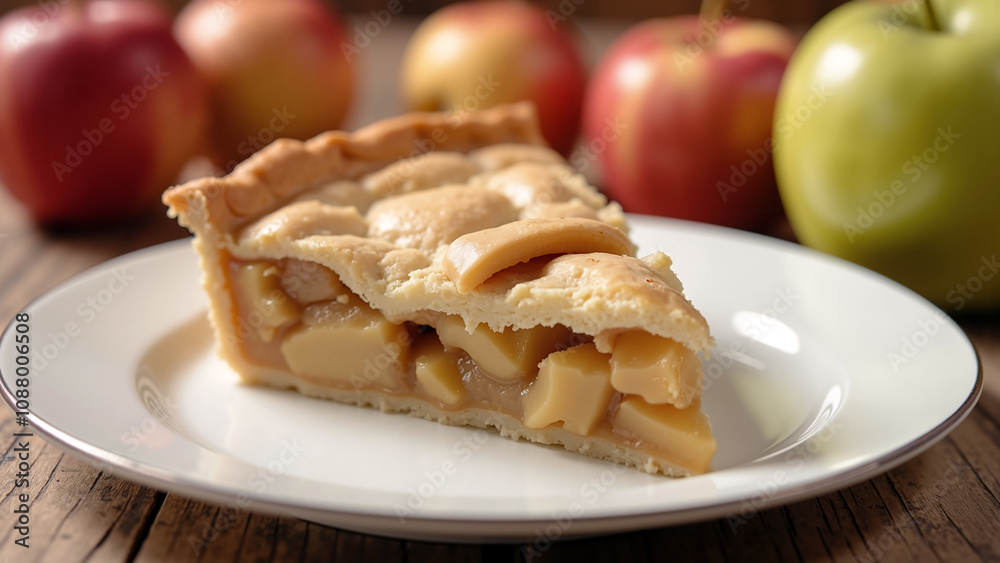 Delicious apple pie slice on a dish closeup shot on a wooden table with selective focus and a blurred apples row in the background. Delicious apple pie slice on a dish closeup shot on a wooden table with selective focus and a blurred apples row in the background.