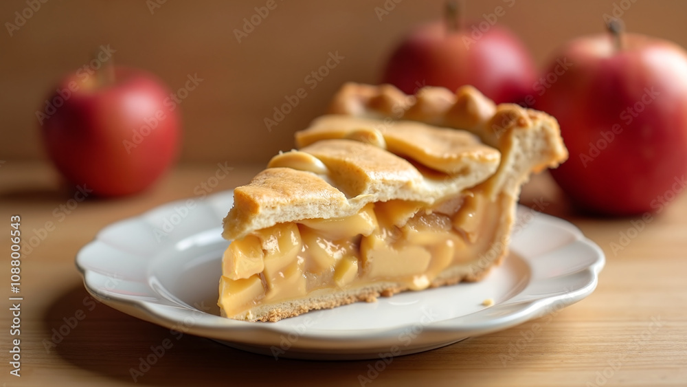 Delicious apple pie slice on a dish closeup shot on a wooden table with selective focus and blurred apples in the background Delicious apple pie slice on a dish closeup shot on a wooden table with selective focus and blurred apples in the background