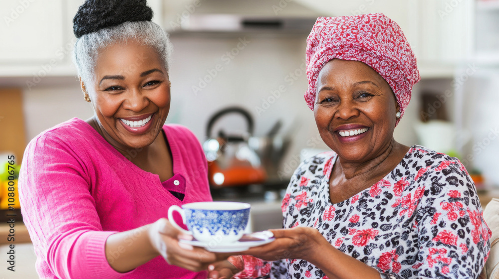 Elderly woman smiling while being served tea by caregiver in kitchen caring for the elderly concept. Elderly woman smiling while being served tea by caregiver in kitchen caring for the elderly concept.