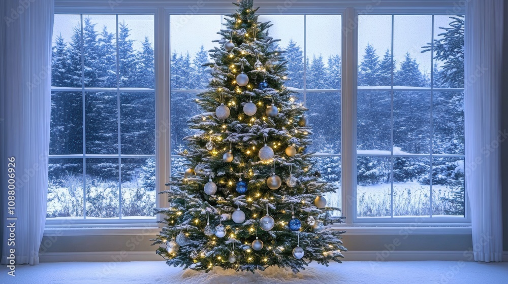 Beautifully Decorated Tree with Snowy Window View Beautifully Decorated Tree with Snowy Window View